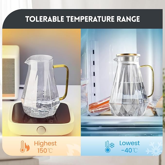 2L Borosilicate Glass Water Pitcher with Lid, 68oz Iced Tea/Coffee Carafe with Spout, Cold Brew Coffee Dispenser, Water Jug for Juice, Homemade Beverage, Diamond Cut Design for Refrigerator