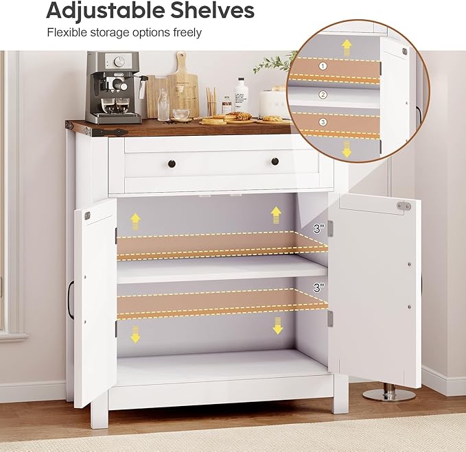30" Coffee Bar Station, Kitchen Sideboard Buffet Cabinet with a Drawer and Adjustable Shelf, Modern Farmhouse Storage Cabinet for Kitchen, Living Room, Entryway, White