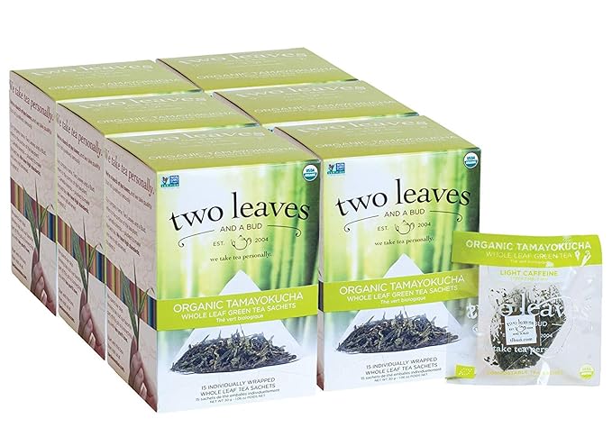 Two Leaves and a Bud Organic Tamayokucha Tea Bags, Whole Leaf Tea in Compostable Sachets, Japanese Green Tea, Light Flavor, 15 Count (Pack of 6)
