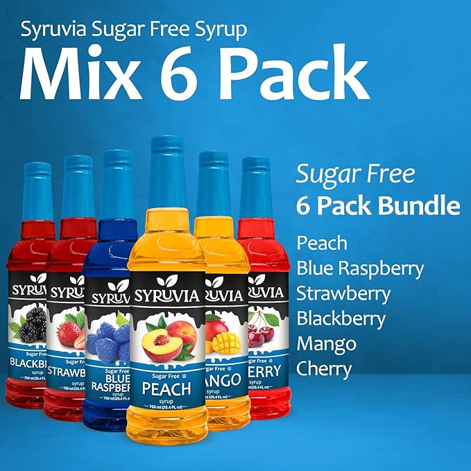 Syruvia Sugar Free Coffee Syrup Variety Pack: Peach, Strawberry, Blackberry, Mango, Cherry & Blue Raspberry - Gluten-Free, Kosher, 25.4 fl oz Bottles - Enhance Your Coffee Experience