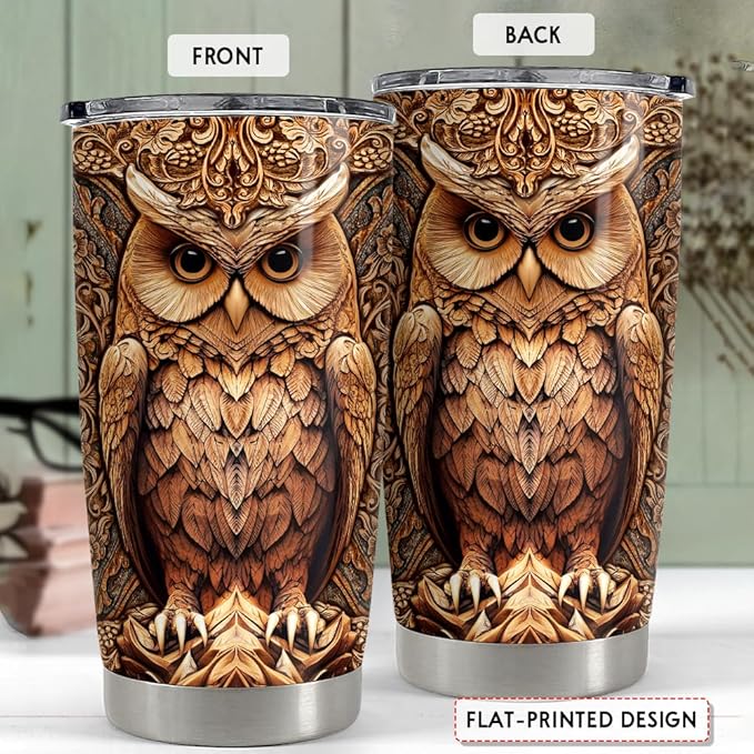SANDJEST Owl Tumbler 20oz Stainless Steel Insulated Tumblers Coffee Travel Mug Cup Wood Drawing Style Owls Gifts for Women Men Gift for Birthday Christmas