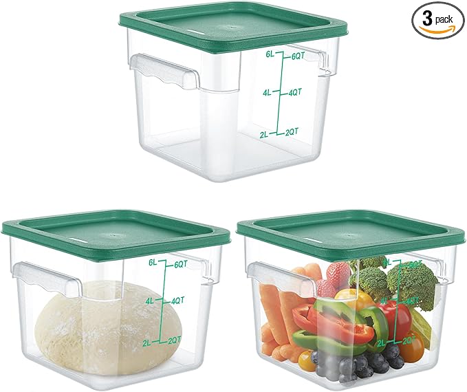 3 Sets 6 Qt Square Food Storage Containers with Lids Dough Proofing Bucket Commercial Polycarbonate Containers with Scale Clear Airtight Cereal for Pantry Home Restaurant (Green)