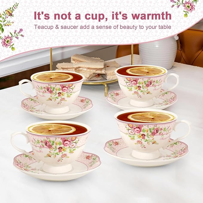 Cup and Saucer Sets of 2 with Spoon, 8 OZ Large Coffee Espresso Teacup New Bone China Floral Vintage Cup & Saucer Sets Porcelain Tea Latte Mugs -Microwave Dishwasher Safe