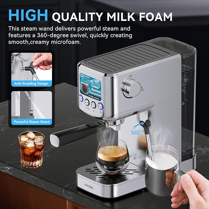Espresso Machine 20 Bar with Milk Frother, Stainless Steel Coffee Maker with 42 oz Removable Water Tank for Cappuccino, Latte&Cold Brew, Home&Office, Silver
