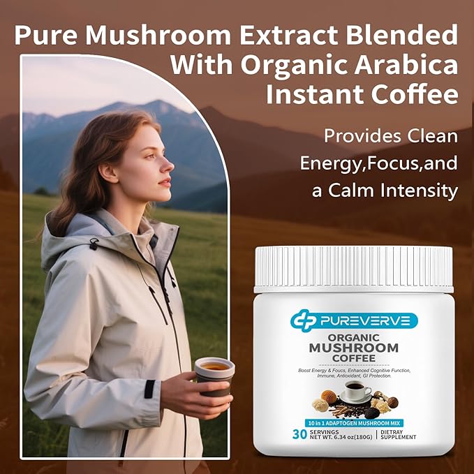 Mushroom Coffee, Organic10 Mushroom Extract Powder Blend Lion's Mane, Reishi, Chaga, Cordyceps, Turkey Tail 30 Servings
