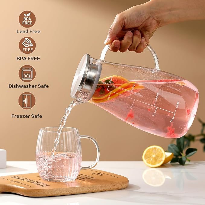 Glass Pitcher with Lid, 68 oz/2 Liter,Hand Blown Glass Water Pitcher and Precise Scale Line for Hot/Cold Beverages, Juice, Lemonade, and Milk, Heat Resistant,Christmas Gifts