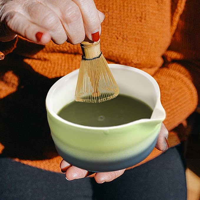 Matcha Whisk Set, 8 Pcs Ceramic Match Bowl with Spout and Bamboo Matcha Whisk and Holder, Bamboo Spoon and Scoop, Sifter, Tea Towel, Matcha Kit for Matcha Tea Ceremony (Gradient Blue Green)