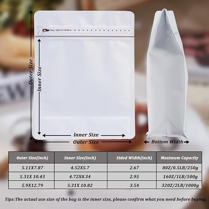 50 PCS Upgraded Coffee Bags with Valve (White, 8 oz/0.5 lb), Black High Barrier Aluminum Foil Flat Bottom Standing Coffee Bean Storage Bags, Heat Sealable Resealable Bag for Home.