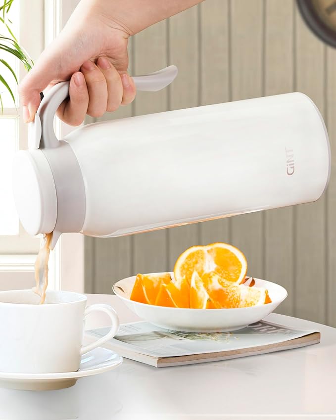 GiNT 51 Oz Stainless Steel Thermal Coffee Carafe, Double Walled Vacuum Insulated Flask, 12 Hour Heat Retention, 1.5 Liter Tea, Water, and Coffee Dispenser (Upgraded version White)