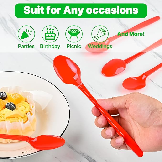 9" Plastic Spoons, Heavy Duty Disposable Spoons, Long Handle Spoon, Plastic Cutlery for Cocktail Stirring Dessert Milkshakes Ice Cream Tea and Floats (96 Pack)