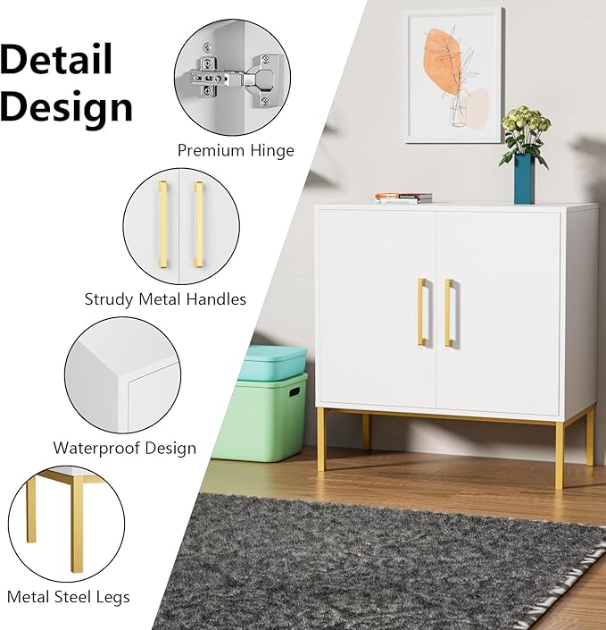 CARPETNAL Set of 2 Accent Storage Cabinet with Doors and Adjustable Shelf, Freestanding Buffet Cabinet, Modern Sideboard Buffet Cabinet for Living Room, Dining Room, Kitchen, Hallway (White)