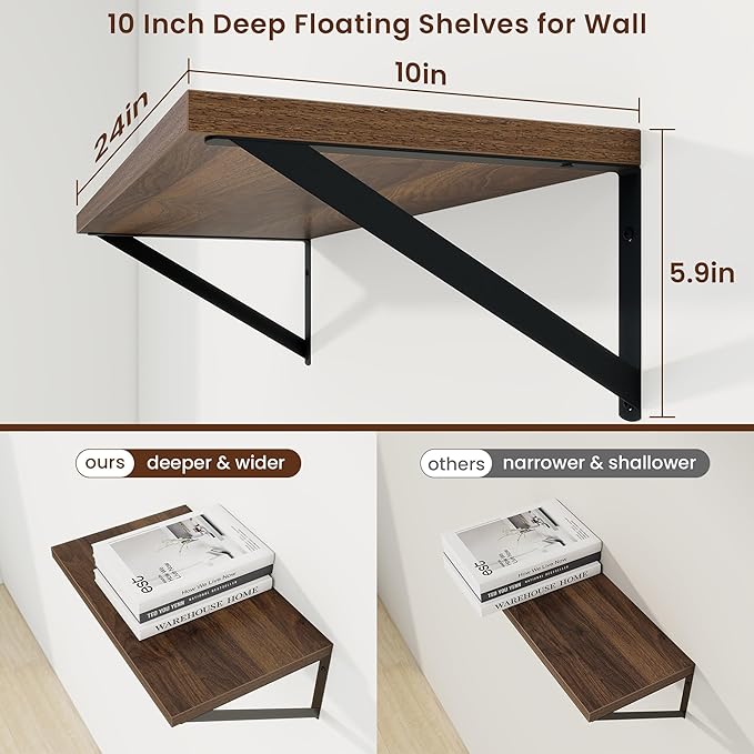 Axeman Deep Floating Shelves for Wall - 24 Inch Wide x 10 Inch Deep Floating Shelves Set of 2 -Walnut Wide Wall Shelves for Living Room Bathroom Bedroom