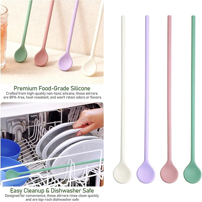 4 Pcs 10 inch Silicone Stirrer Spoons -Swizzle Stirrer Stick Multipurpose Multicolor Reusable Stirring Sticks for Cof Whiskey Beverage Formula Mixing Milk- Pastel Yellow, Purple, Pink, Green