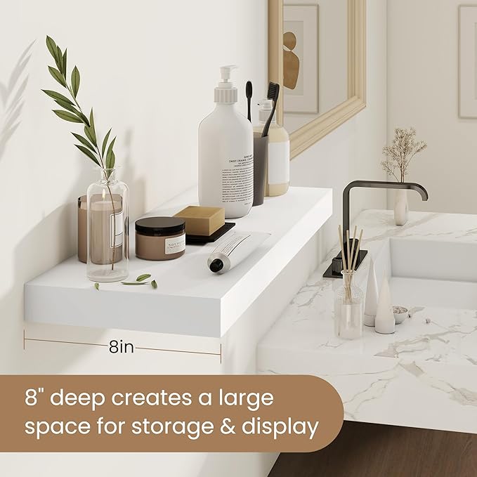 Fun Memories Rustic Real Wood Floating Shelves, 8 Inch Deep Floating Shelf Wall Mounted, 48" W x 8" D Wall Shelves Storage Shelves for Living Room, Bedroom, Bathroom, White Finish, Set of 1