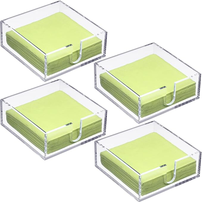 Acrylic Cocktail Napkin Holder for Table, Clear Beverage Napkin Holder Square Rectangle for Dinner, Kitchen, Bathroom, Restaurant, Bar (4 Pieces, 5.5 x 5.5 Inch)