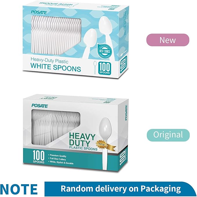 POSATE Plastic Spoons, White, Heavy weight, 100 Count