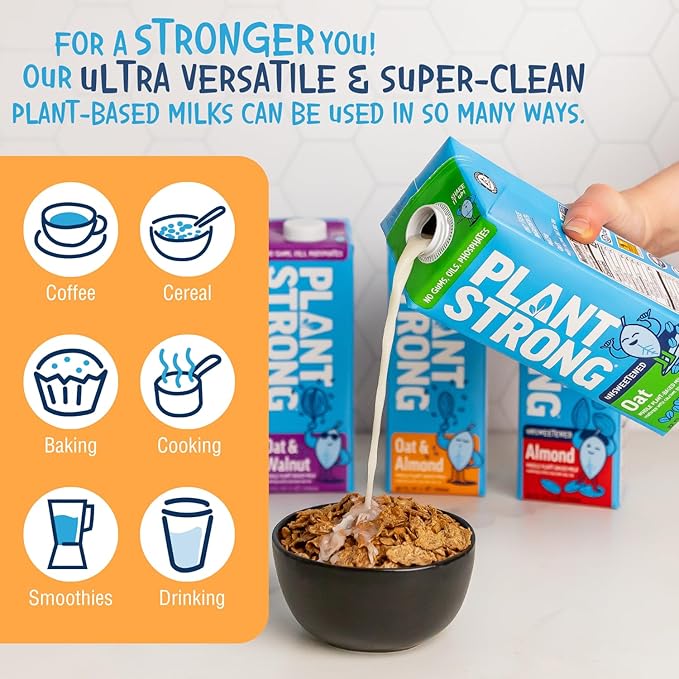PLANTSTRONG Plant-Based Milks – Non-GMO, Plant-Based, Vegan, Gluten-Free, Dairy-Free, Lactose-Free, Shelf-Stable, No Gums or Oils (Pack of 6 (32 Fl. Oz.), Oat & Almond w/Recipe Gu)