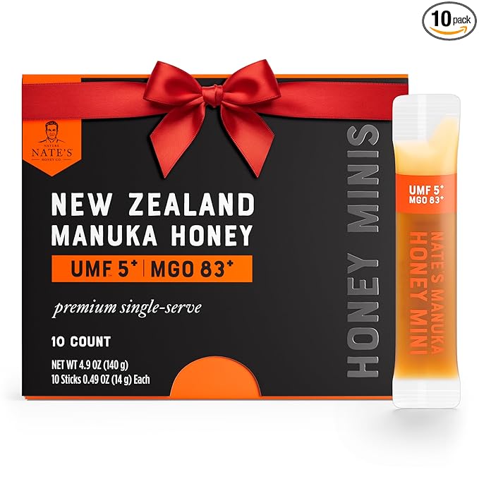 Nate's Manuka Honey Minis - 10 count Single-serve, Pure Manuka Honey - MGO 83+ | UMF 5+ Certified - 10 Single-Serve Packets for On-the-Go Daily Wellness
