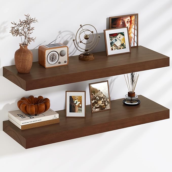 Fun Memories Floating Shelves, 9.3'' Deep Solid Pine Wood Wall Shelves for Storage, Wall Mounted Display Shelf with Invisible Heavy-Duty Metal Bracket, 36'' Width Set of 2, Walnut
