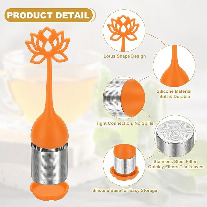 uxcell 2 Pcs Lotus Tea Infuser, Stainless Steel Loose Leaf Tea Steeper Filter with Silicone Handle Reusable Thin Pores Mesh Strainer Diffuser for Teacups Teapots Mugs, Orange