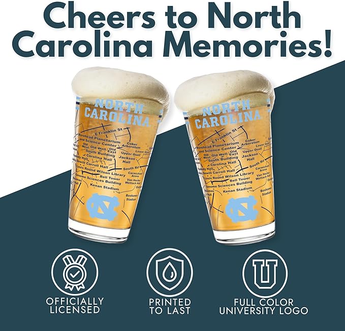 Greenline Goods – North Carolina College Pint Beer Glasses (Set of 2), 16 oz – Full‑Color Logo + Campus Map