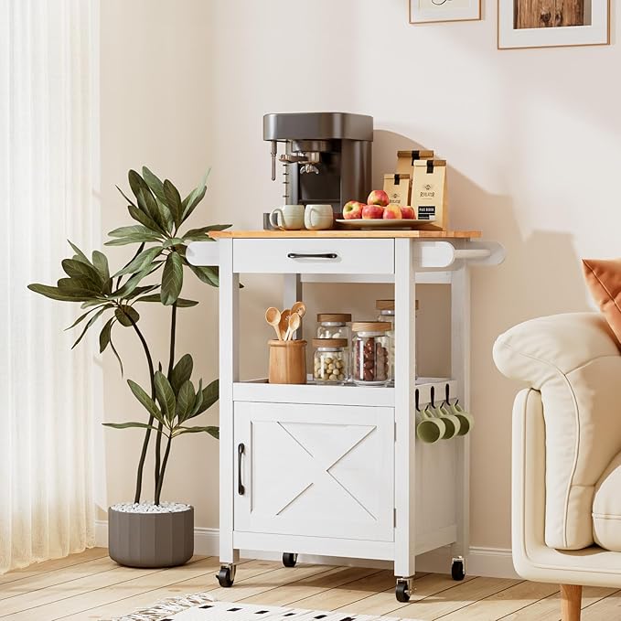 VINGLI Microwave Cart with Drawer and Storage Cabinet, Small Kitchen Island on Wheels, Coffee Station Microwave Stand with Hooks & Shelves, Compact Kitchen Storage Cart, White