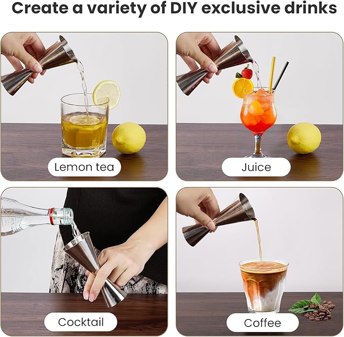 Professional Bartender Jigger, Thickened 18/8 Stainless Steel Japanese Style Double Jigger with Laser Etched Measurements, No Curled Lip Design,for Home & Bar Use (1oz/2oz, 10ml/20ml/30ml/45ml)