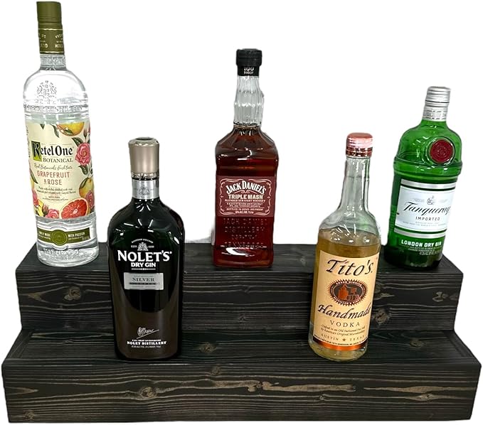 Tiered Bottle Shelf | 2 Tier Liquor Bottle Display | Bar Organization | Display Shelf | Wine Shelf | Bar Display | Kitchen Counter Shelf (24", Black)