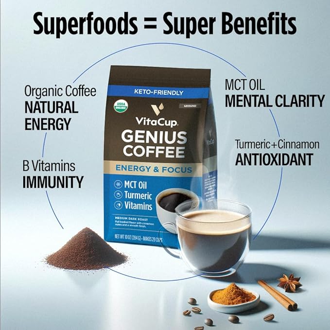 VitaCup Organic Genius Ground Keto Coffee, Increase Energy & Focus w/MCT Oil, Turmeric, B Vitamins, D3, USDA Organic Ground Coffee Medium Dark Roast, Bold & Smooth, 100% Arabica Coffee Grounds, 10 oz