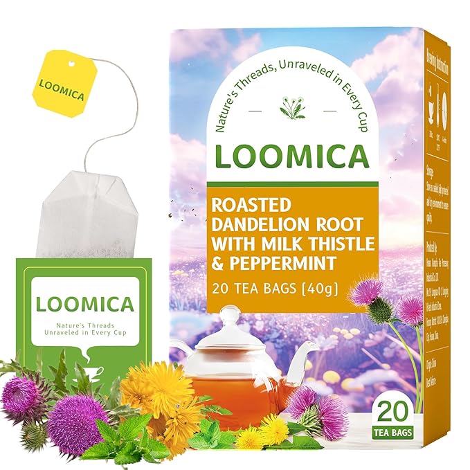 LOOMICA Roasted Dandelion Root with Milk Thistle & Peppermint, Caffeine Free, with Toasted Nutty Flavor, Wellness Support Herbal Blend, Coffee Alternative, Bold & Smooth, 20 Counts
