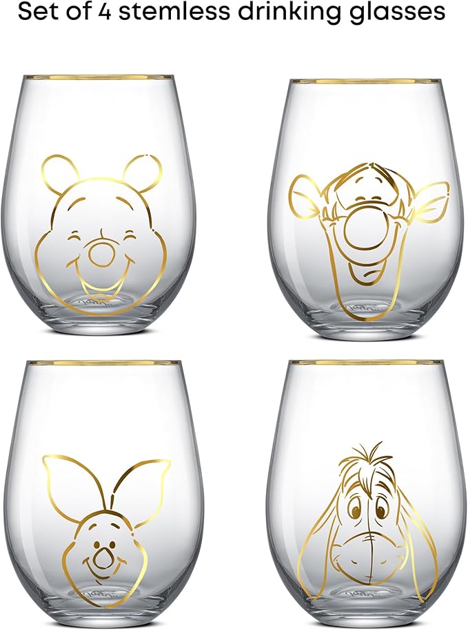 JoyJolt Disney Winnie the Pooh Gold Sketch Stemless Drinking Glasses Set of 4, 19oz Glass Cups ft Pooh Bear Tigger Piglet Eeyore, Disney Kitchen Glassware Set, Winnie the Pooh Adult Gifts