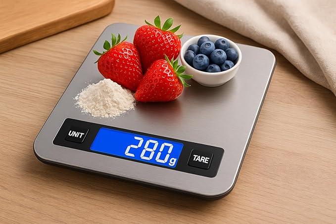 Digital Kitchen Scale 10kg/22lb – 1g High Precision Food Scale, Stainless Steel Platform, LCD Display, Tare Function, Battery Powered for Cooking, Baking & Meal Prep