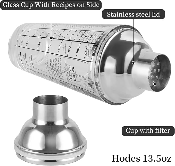 Cocktail Shaker Glass,Martini Shaker With Recipes on Side 13.5oz Mixed Drink Shaker with Glass Cup Professional Bar Tool with Scale Glass (Recipes)