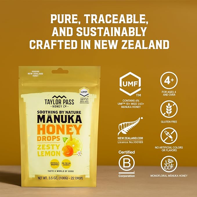 Taylor Pass Honey Co Mānuka Honey Drops UMF™ 10+| Zesty Lemon | Mānuka Honey Lozenges | Soothing Natural Manuka On-The-Go | 22 Individually Wrapped Drops | Made in New Zealand