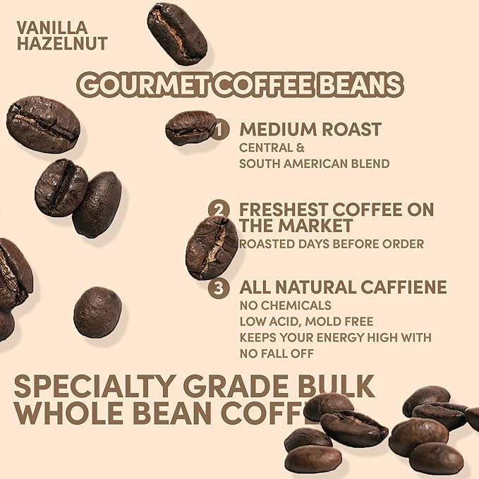 Sarasota Coffee Whole Bean Vanilla Hazelnut | Medium Roast Gourmet Flavored Coffee Beans | Low Acid, Mold Free, Specialty Grade Bulk Beans | 5lb (80 oz)