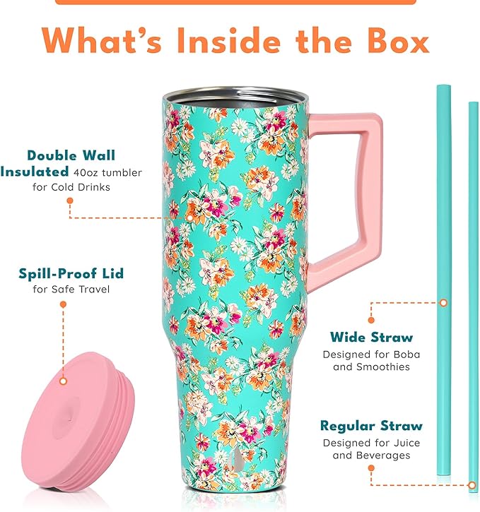 Elemental 40 oz Tumbler with Handle and Straw - Spill Proof Insulated Stainless Steel Commuter for Hot and Cold Beverages - Travel Coffee Mug with 2 Straws & Spill Proof Lid - 40oz - Vintage Flower
