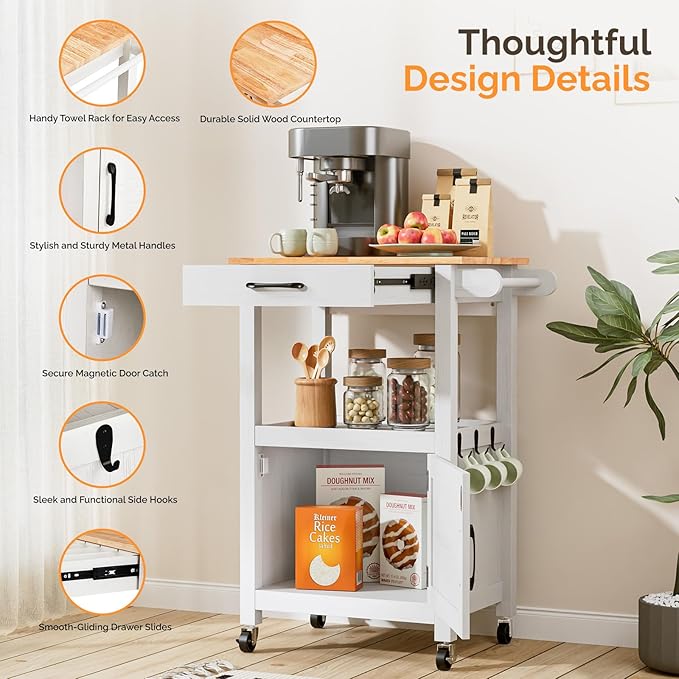 VINGLI Microwave Cart with Drawer and Storage Cabinet, Small Kitchen Island on Wheels, Coffee Station Microwave Stand with Hooks & Shelves, Compact Kitchen Storage Cart, White