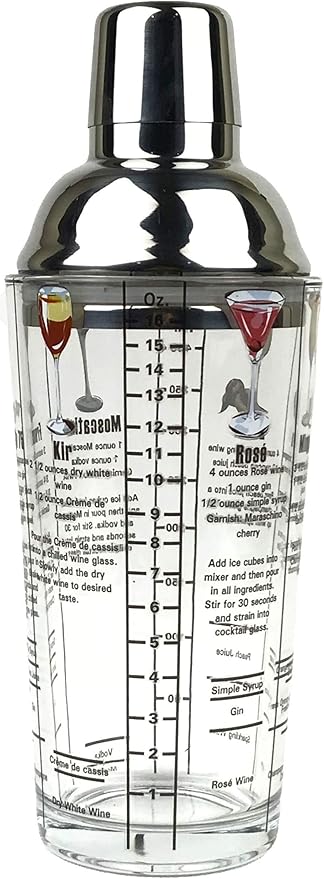 14 oz Recipe Glass Cocktail Shaker With Jigger & Strainer Top - Includes 6 Cocktail Drink Recipes (Wine Theme)