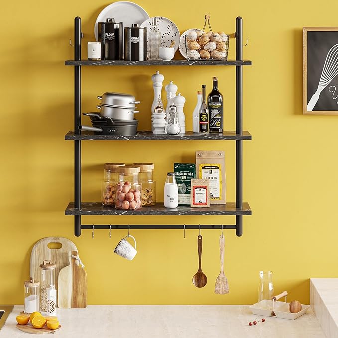 Bestier Floating Pipe Shelving, 31.5" Floating Kitchen Shelves Wall Mounted, 3 Tier Coffee Bar Shelf Ladder Bookshelf with Towel Bar Hooks for Kitchen Living Room Bathroom Bedroom, Black Marble