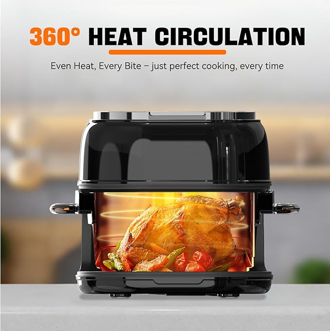 6.5QT Visible Glass Air Fryer, 8-in-1 Long Tray Design with 360° Viewing Window, Digital Touchscreen, Fries, Cake, Defrost, Chicken Wings, Dishwasher Safe, Oil-Less Oven