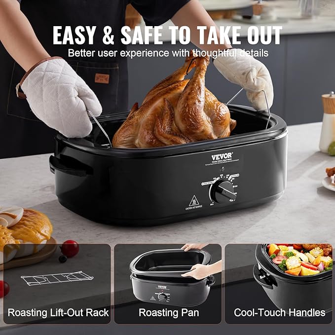 VEVOR Electric Roaster Oven, 20 QT Turkey Roaster with Self-Basting Lid, 1450W Roaster with Defrost & Warm Function, Adjustable Temperature, Removable Pan & Rack, Fits Turkeys Up to 24LBS