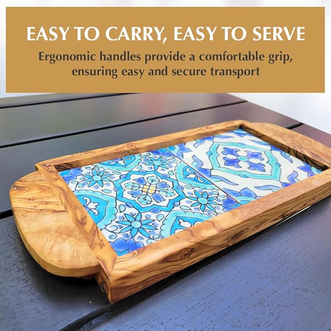 Kamsah Olive Wood Serving Tray with Handles (L:11”, W:5”) Decorative Rectangle Serving Trays for Serving Food, Drinks, Tea, Coffee -Rustic Vintage Wooden Serving Tray for Table & Gifts - Sidi Bou Said