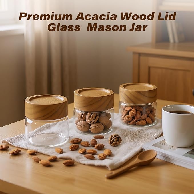 2-Pack 4 oz Leakproof Mason Jars with Airtight Acacia Wood Lids - Small Glass Food Storage Containers for Overnight Oats, Spices, Snacks, Kitchen Pantry Organization