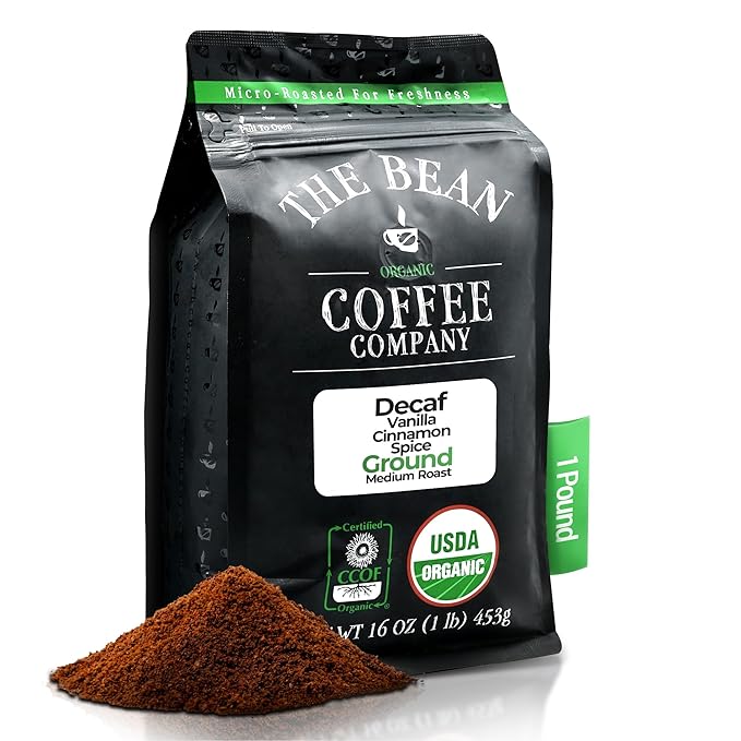 The Bean Organic Coffee Company Water Processed DECAF Vanilla Cinnamon Spice, Medium Roast, Ground Coffee, 16-Ounce Bag, Café Molido Tostado Orgánico descafeinado
