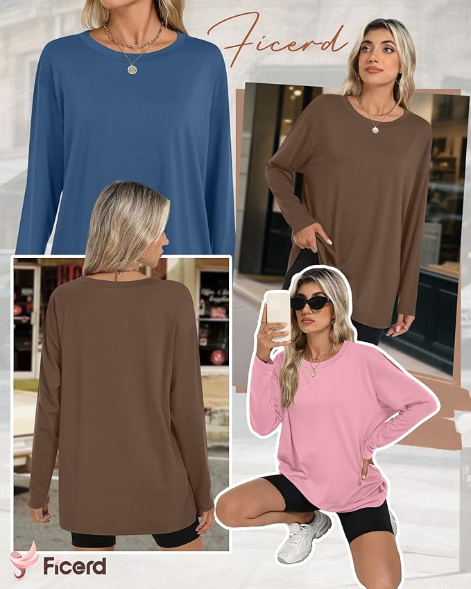 Ficerd 3 Pack Women's Oversized Long Sleeve Shirts Cotton Gym Round Neck Tops Loose Fit Casual Workout Baggy Fall Basic Tee