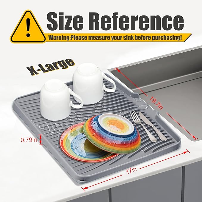 Silicone Dish Drying Mat, Stone Drying Mat for Kitchen Counter with Built-In Drain, Non-Slip Drain Pad with Built-in Drain, Heat Resistant Stone Drying Mat, 1Pcs 19.7" x 17", Grey