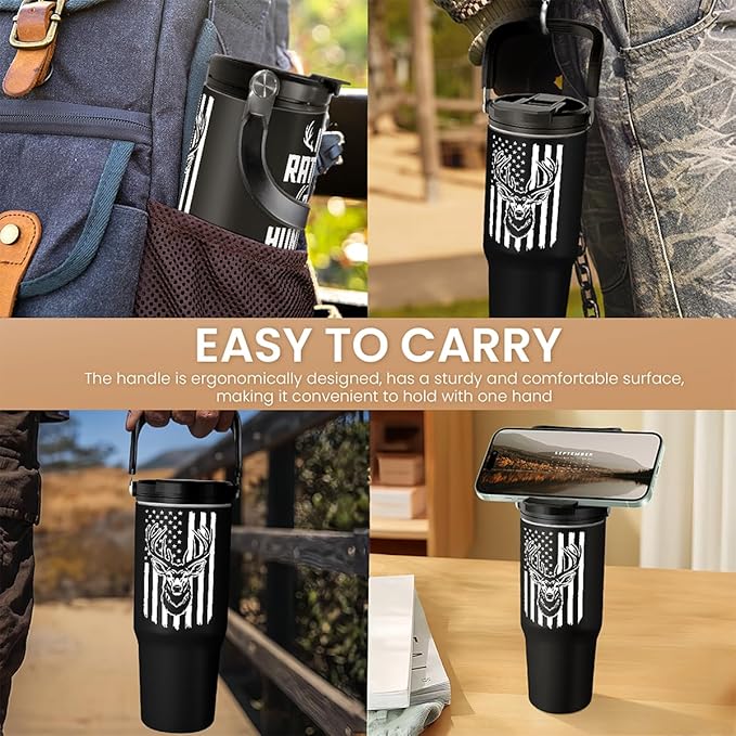 SANDJEST Hunting Gift for Men, Deer Hunting Tumbler with Handle, 30oz Flip Straw Stainless Steel Insulated Coffee Travel Cup, Gifts for Hunter Dad Grandpa on Birthday Christmas Fathers Day