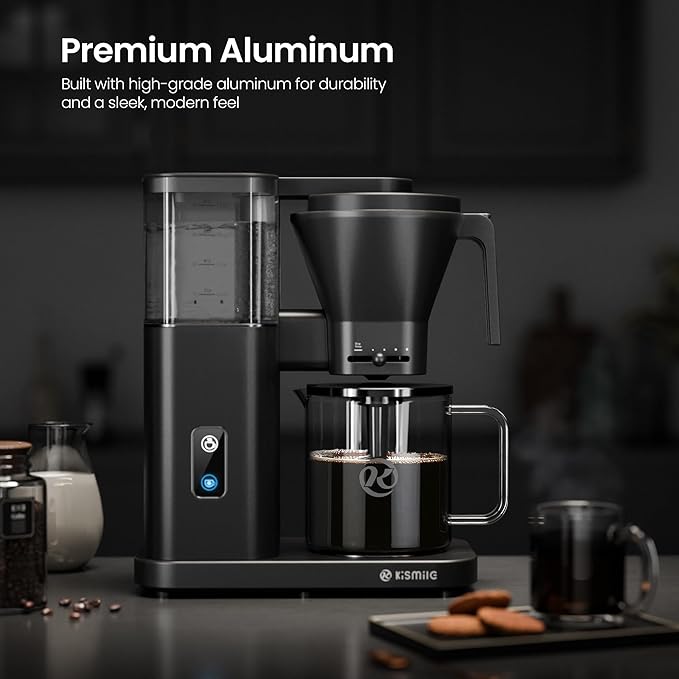 Kismile 8 Cup Drip Coffee Maker Machine, Pour Over Coffee Brew with 3s Instant Heat 197-205℉, Removable Water Tank, Adjustable Flow Control, Deep Cold Brew & Keep Warm 40 Min, Easy to Clean(Black)