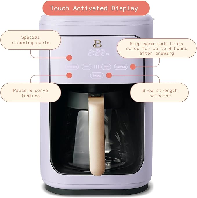 Beautiful 14-Cup Programmable Drip Coffee Maker with Touch Display - Automatic Coffee Machine with Timer for Home & Office - by Drew Barrymore (Lavender)