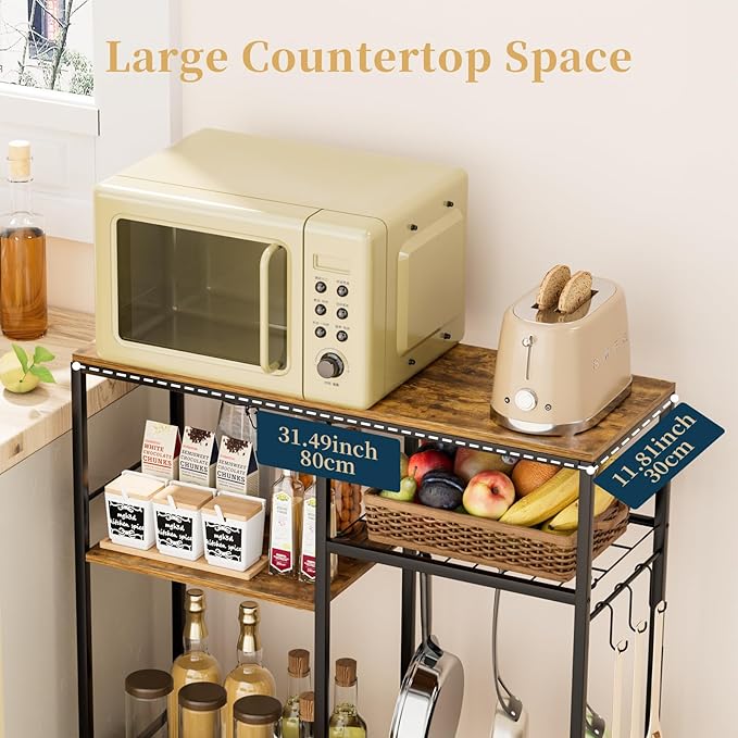 Consumest Microwave Stand, Adjustable Coffee Bar Cabinet, Multifunctional Pan Organizer with 6 Hooks and 3 Shelves, Bakers Rack for Shovel, Pots, Fruits, Vegetables, Brown&Black